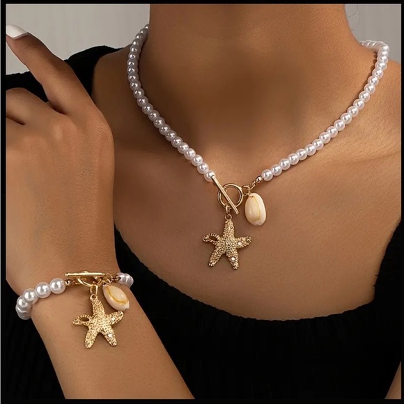 Faux Pearl Choker Chain Necklace and Bracelet Set - Picture 1 of 9